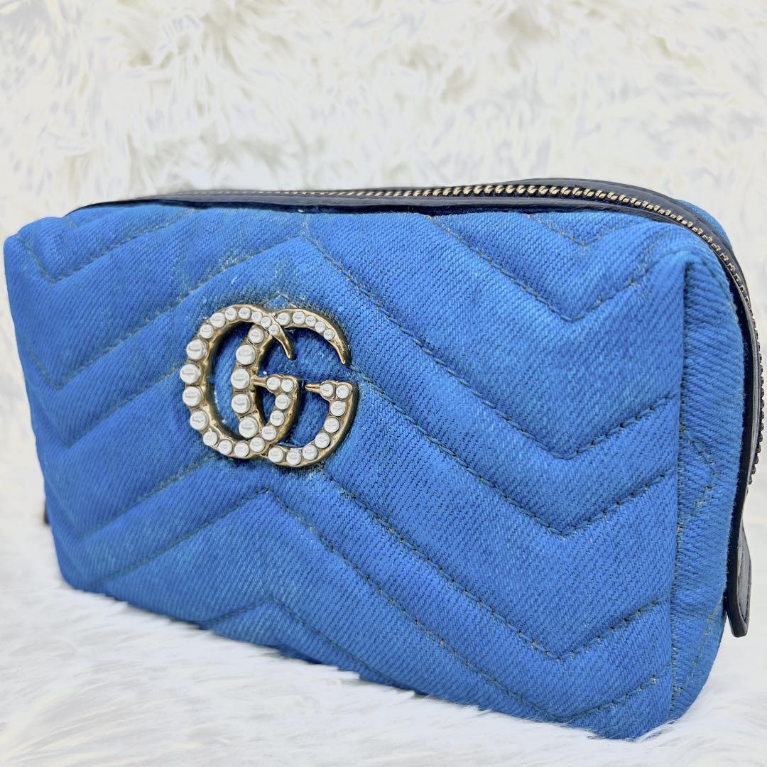 Gucci デニムキルティングポーチ GUCCI ポーチ GGマーモント デニム パール キルティング 日本