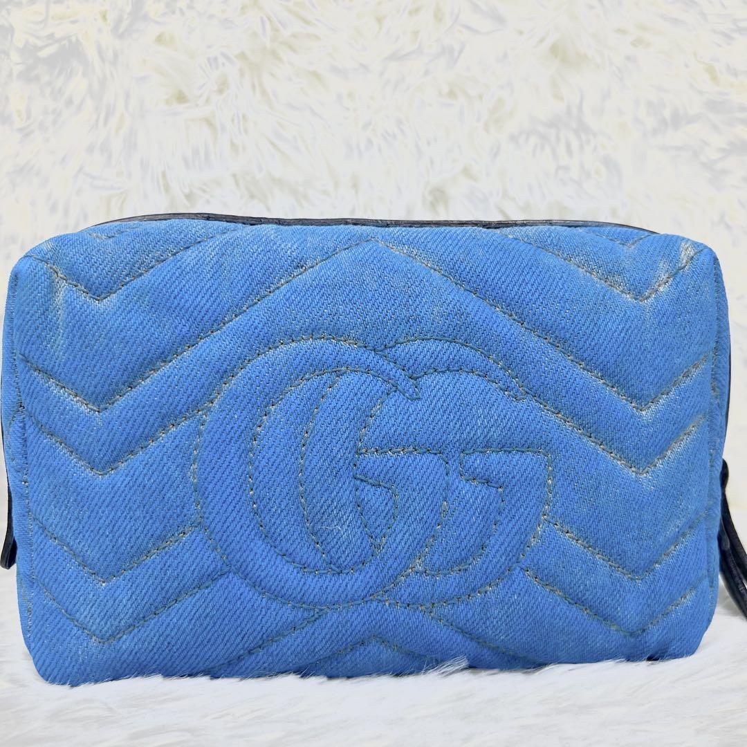 GUCCI デニムブルー キルティングポーチ GUCCI ポーチ GGマーモント デニム パール キルティング 日本