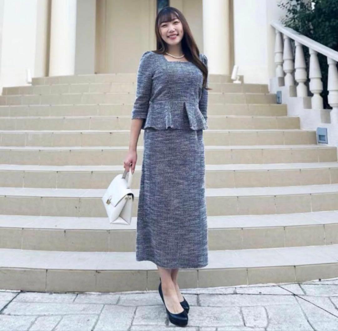 CINEMATIQ ストレッチツイードペプラムワンピ ネイビーFREE SIZE