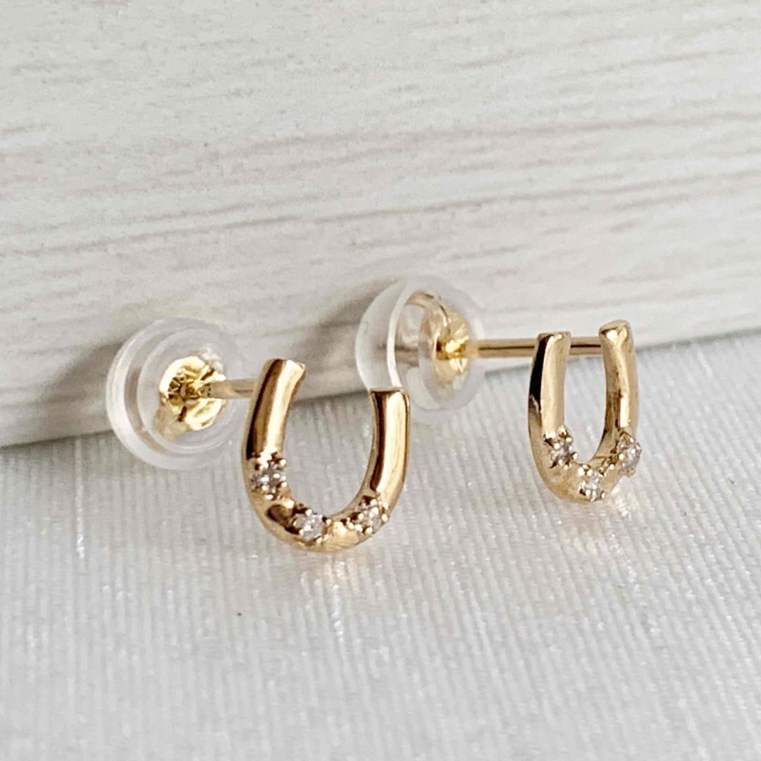 地金＊18金【6×6mmホースシューピアス】天然ダイヤモンド0.02ct 新品！