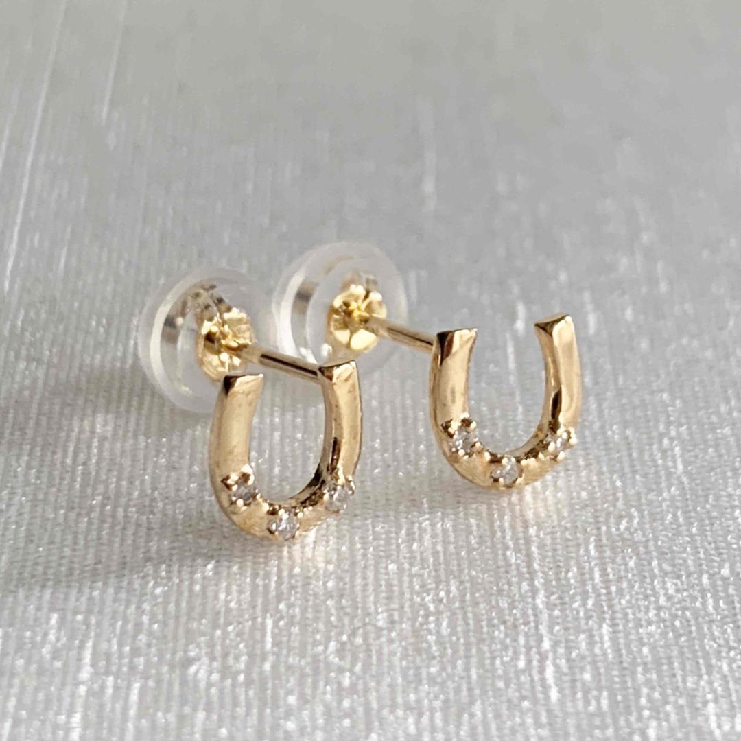 地金＊18金【6×6mmホースシューピアス】天然ダイヤモンド0.02ct 新品！