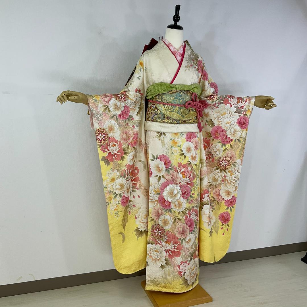 新品　正絹お振袖　7点フルセット　L～LLサイズ　金彩×レモンイエロー