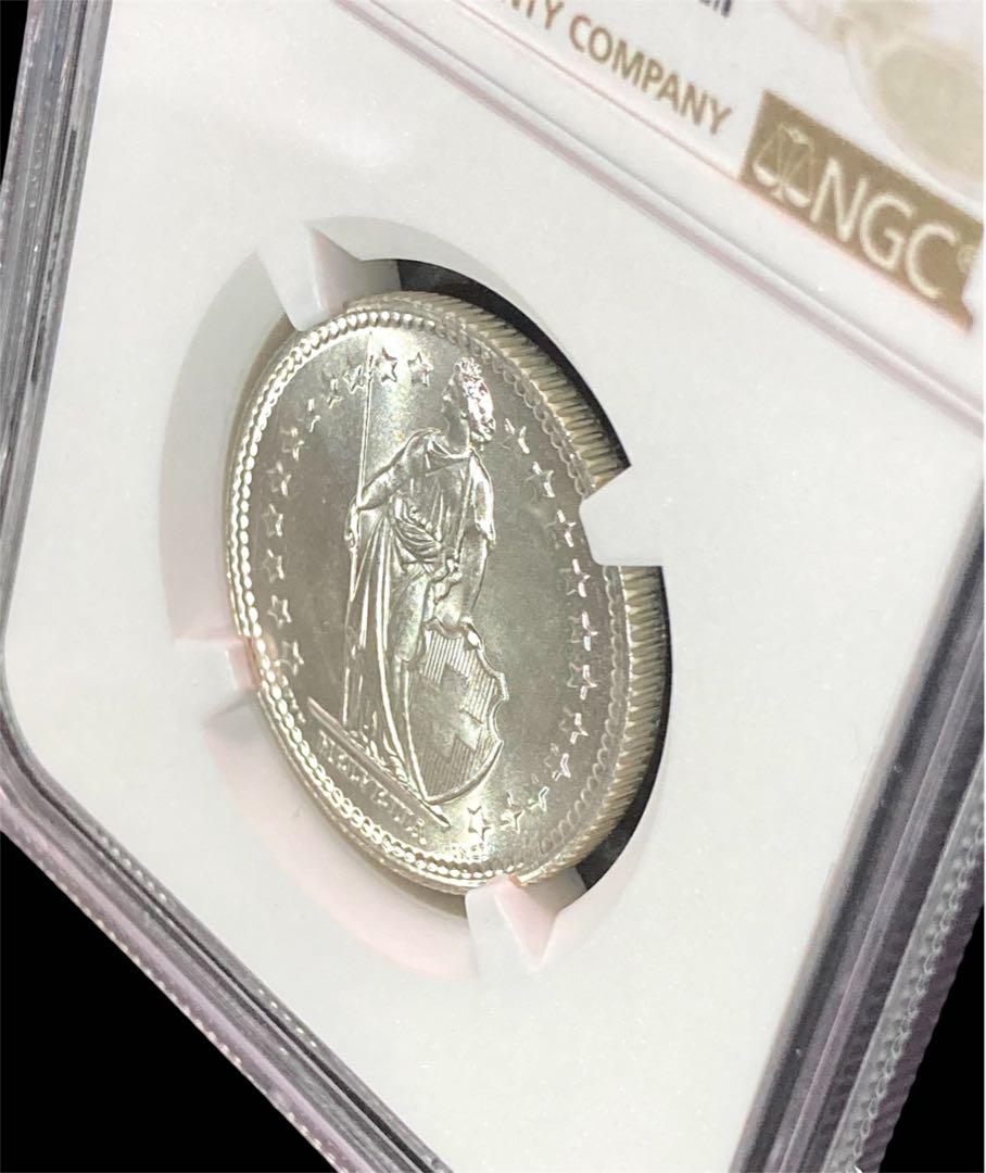 【NGC MS67】1957年 スイス ヘルヴェティア 2フラン 銀貨