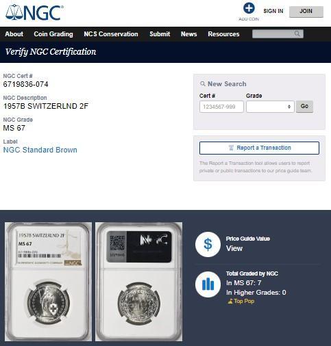 【NGC MS67】1957年 スイス ヘルヴェティア 2フラン 銀貨