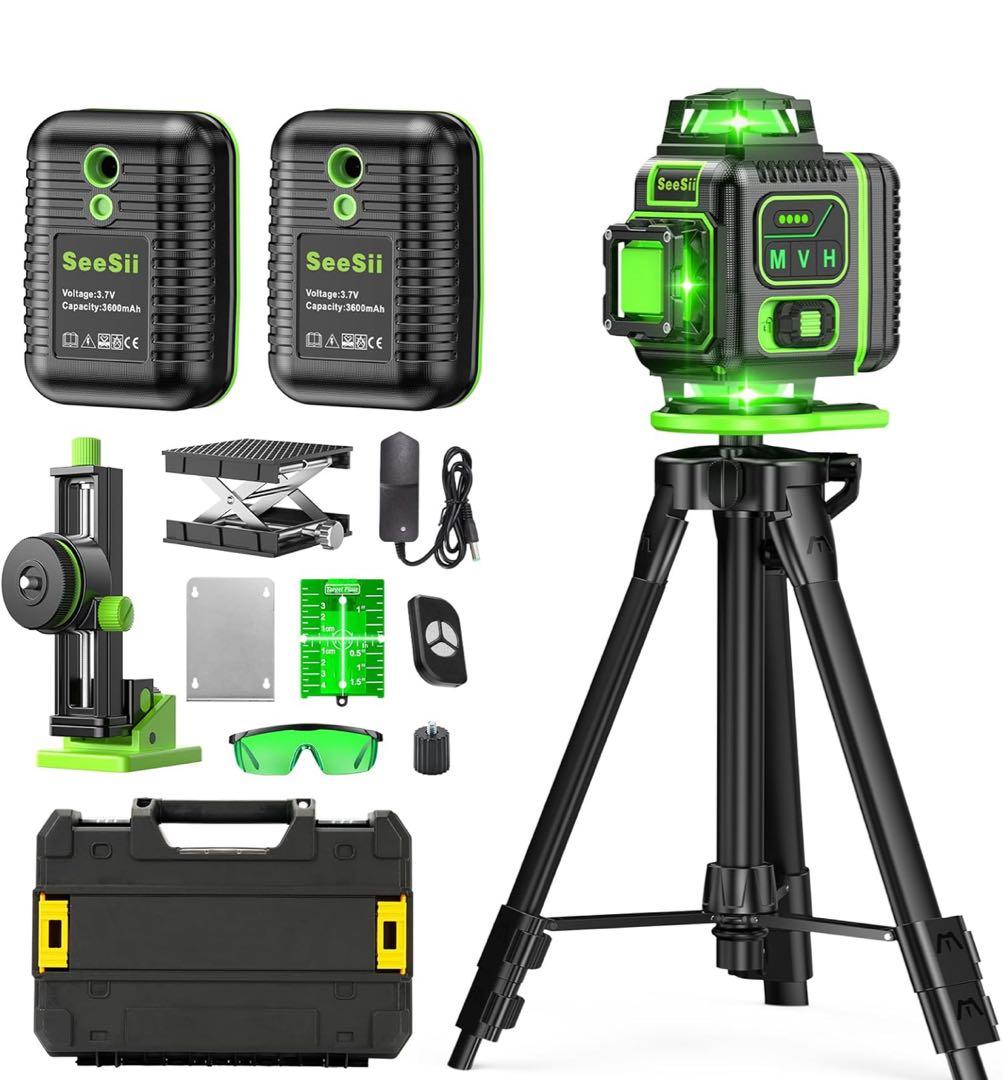 レーザー墨出し器 グリーンレーザー 回転レーザー 4D レーザー水準器 三脚付き