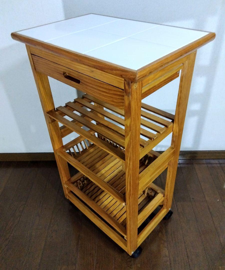 【木製キッチンワゴン 】セラミック天板付き　キャスター付き