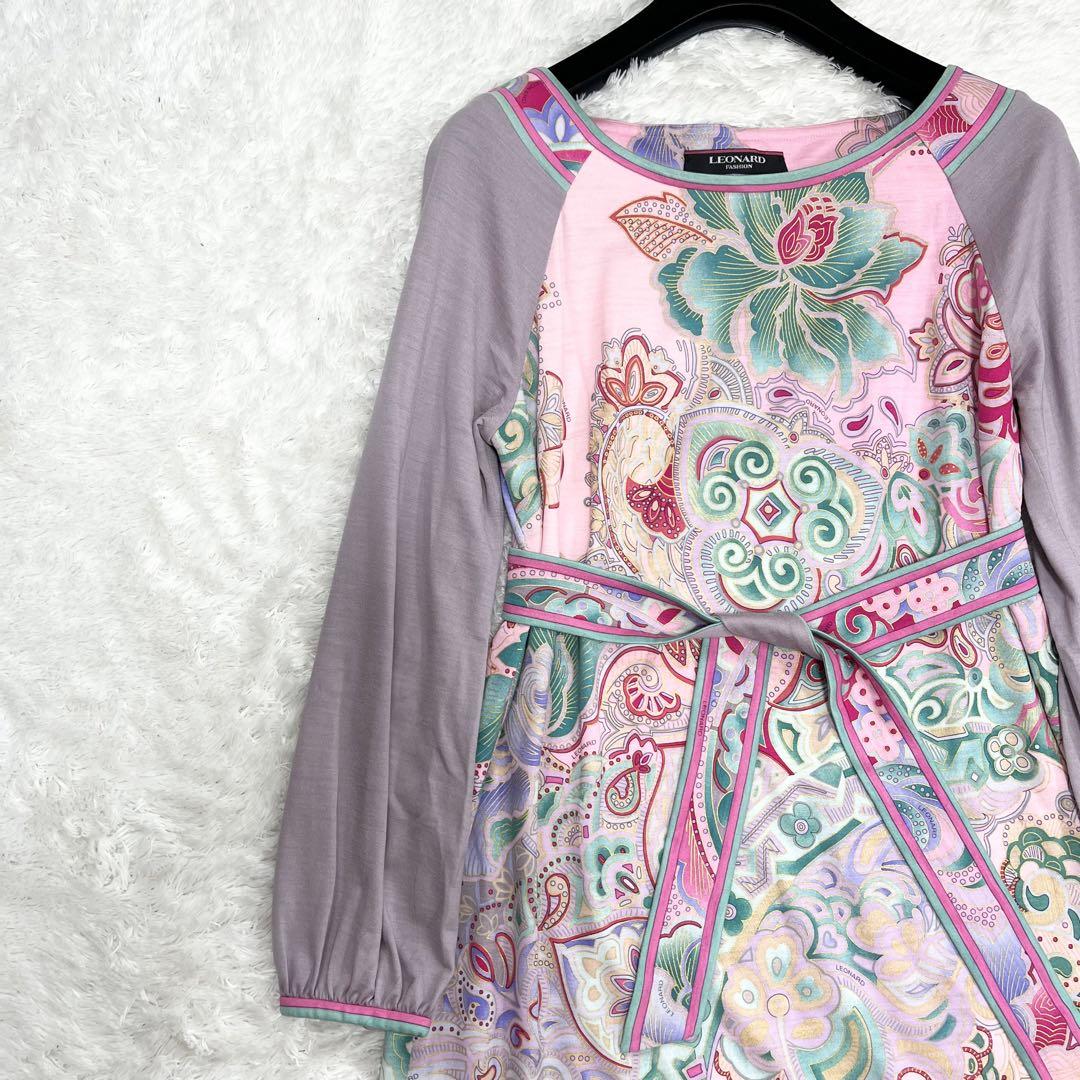 【美品✨】レオナール　ワンピース　花柄　総柄　トリム　ベルト付き　40