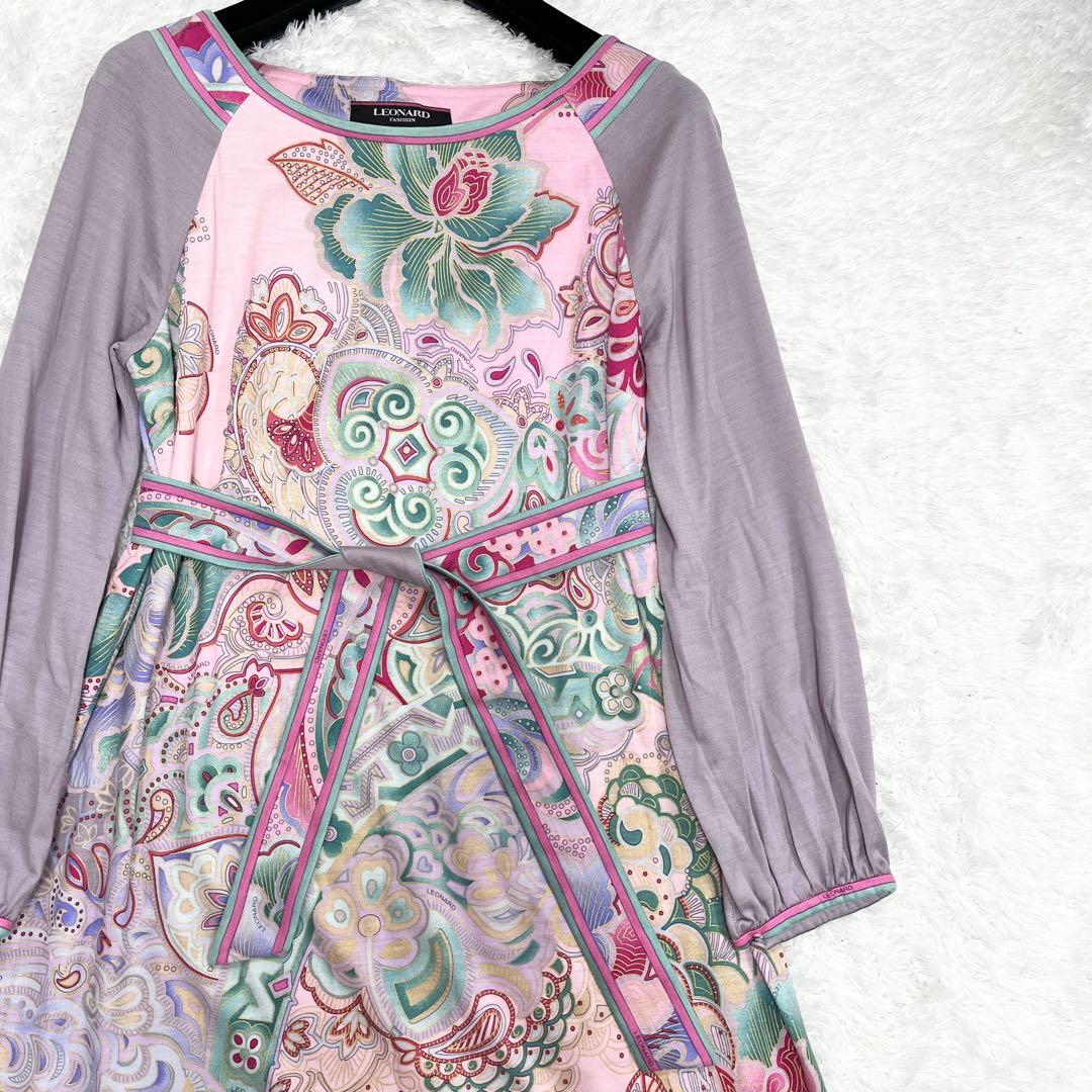 【美品✨】レオナール　ワンピース　花柄　総柄　トリム　ベルト付き　40