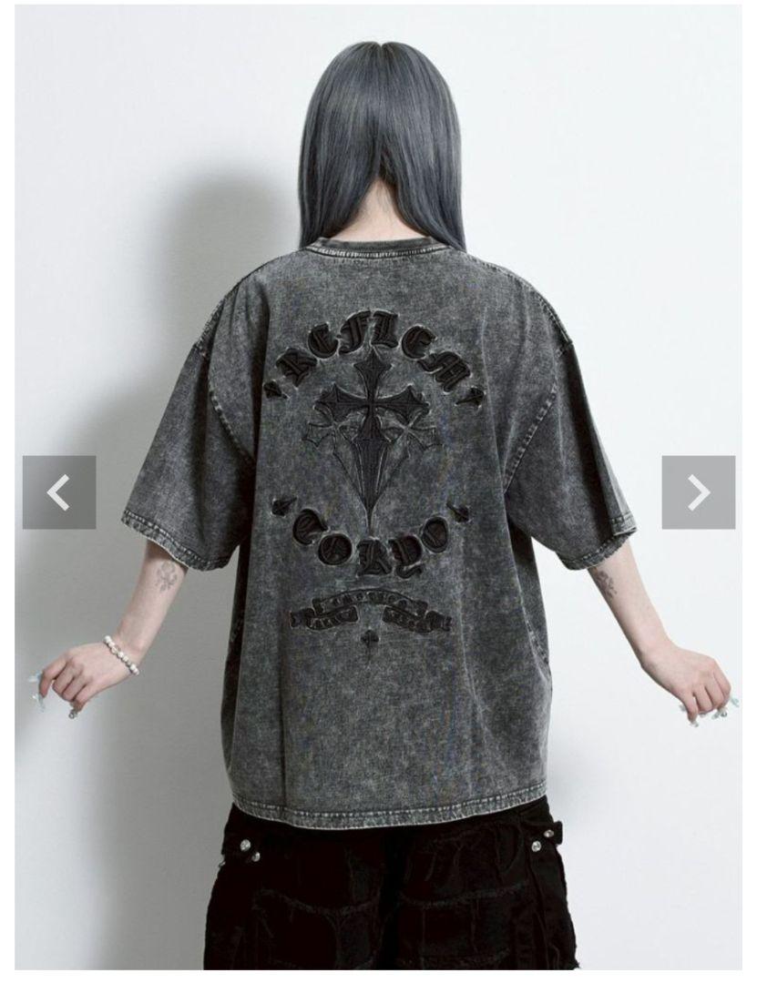 レフレム クロス刺繍半袖Tシャツ グレー
