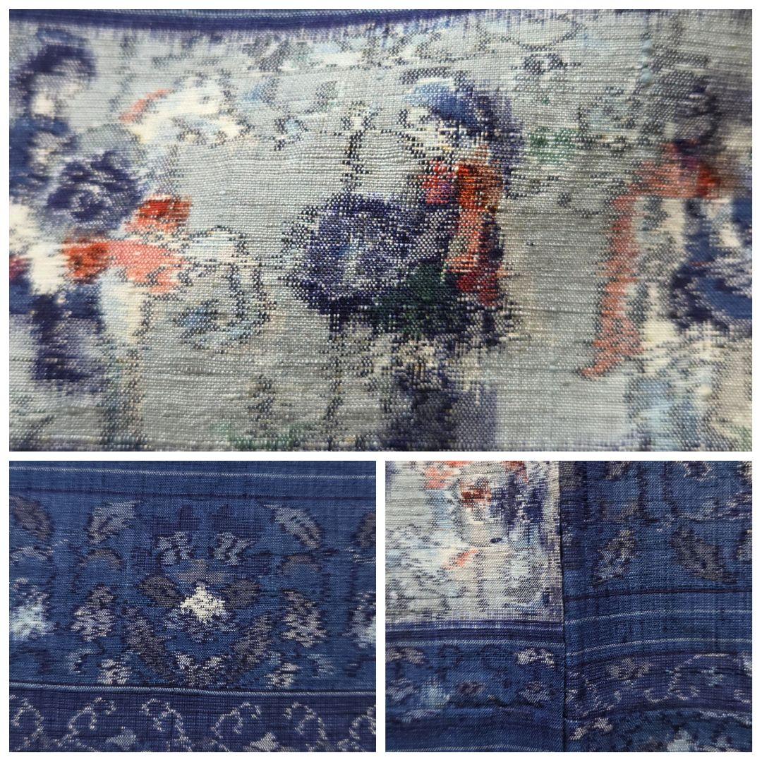 A 単衣 横段騎馬模様 紺色 紬 正絹 小紋 着物 05