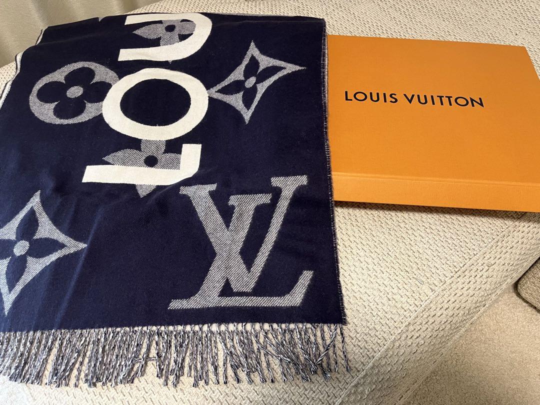 Louis Vuitton ネイビー マフラー モノグラム 極美品】ルイヴィトン モノグラムマフラー ネイビー×ホワイト