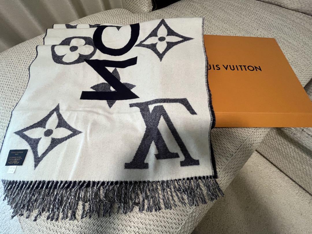 Louis Vuitton ネイビー マフラー モノグラム 極美品】ルイヴィトン モノグラムマフラー ネイビー×ホワイト