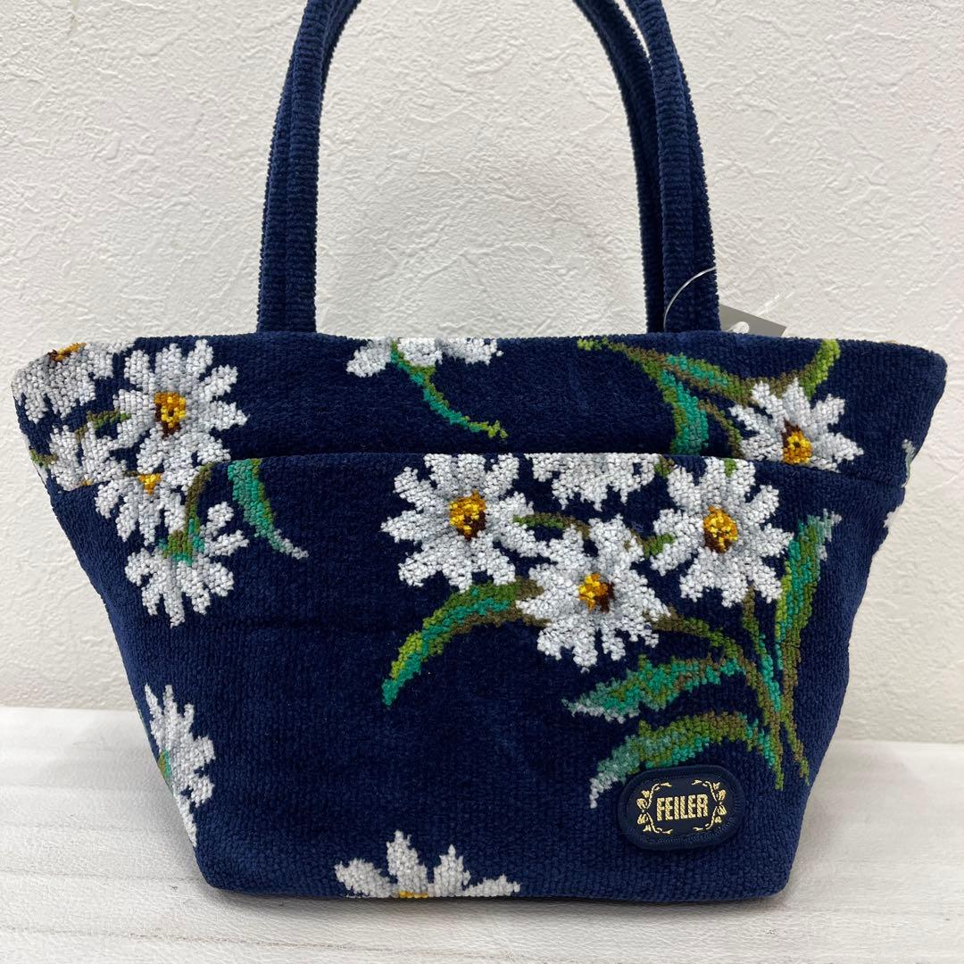 3751 FEILER フェイラー ハンドバッグ ホワイトマーガレット 紺系