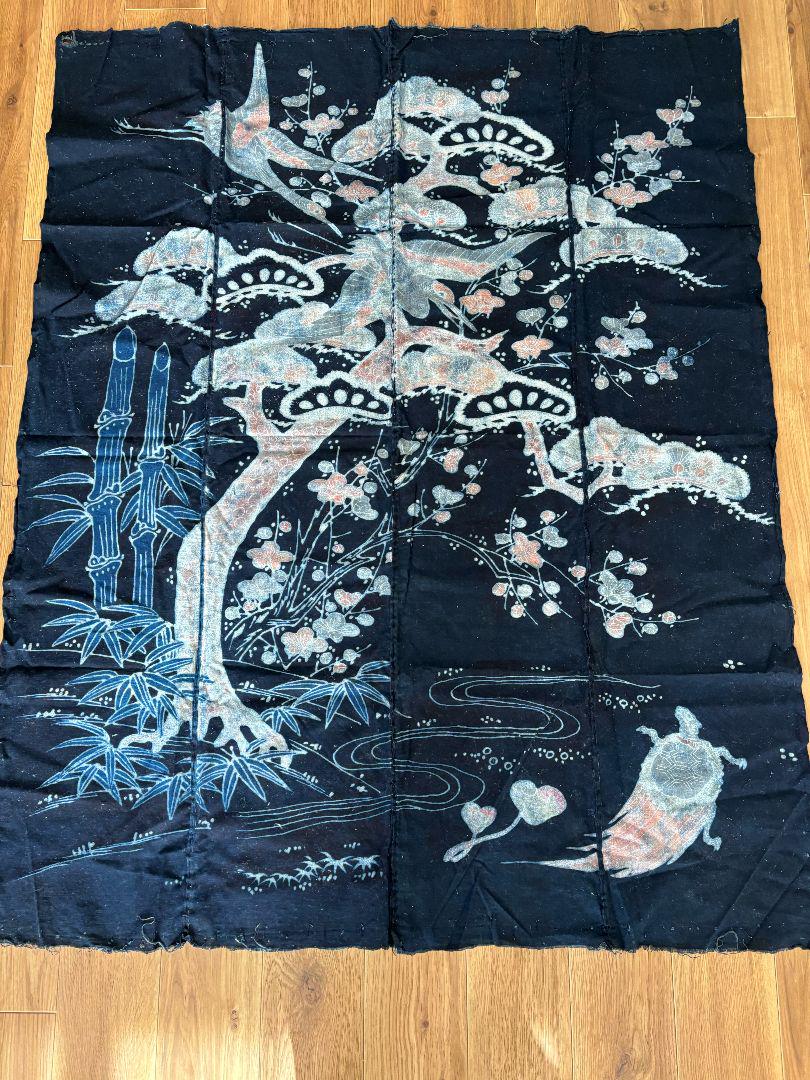 希少】藍染 筒描き 古布 吉祥 鶴亀 松竹梅 布団皮 4巾