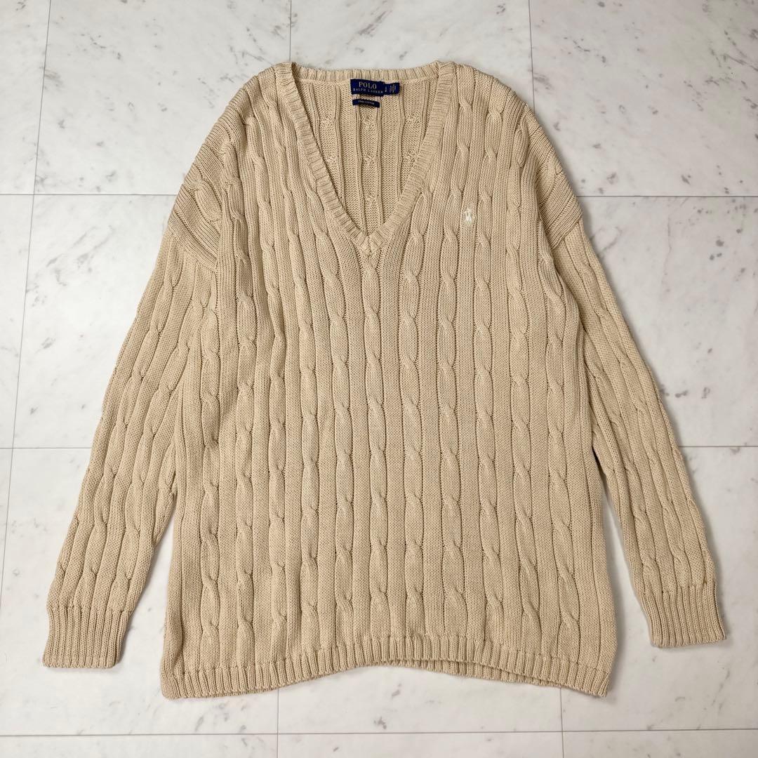 ポロラルフローレン ピマコットン Vネック ケーブルニット ベージュ LサイズL POLO RALPH LAUREN