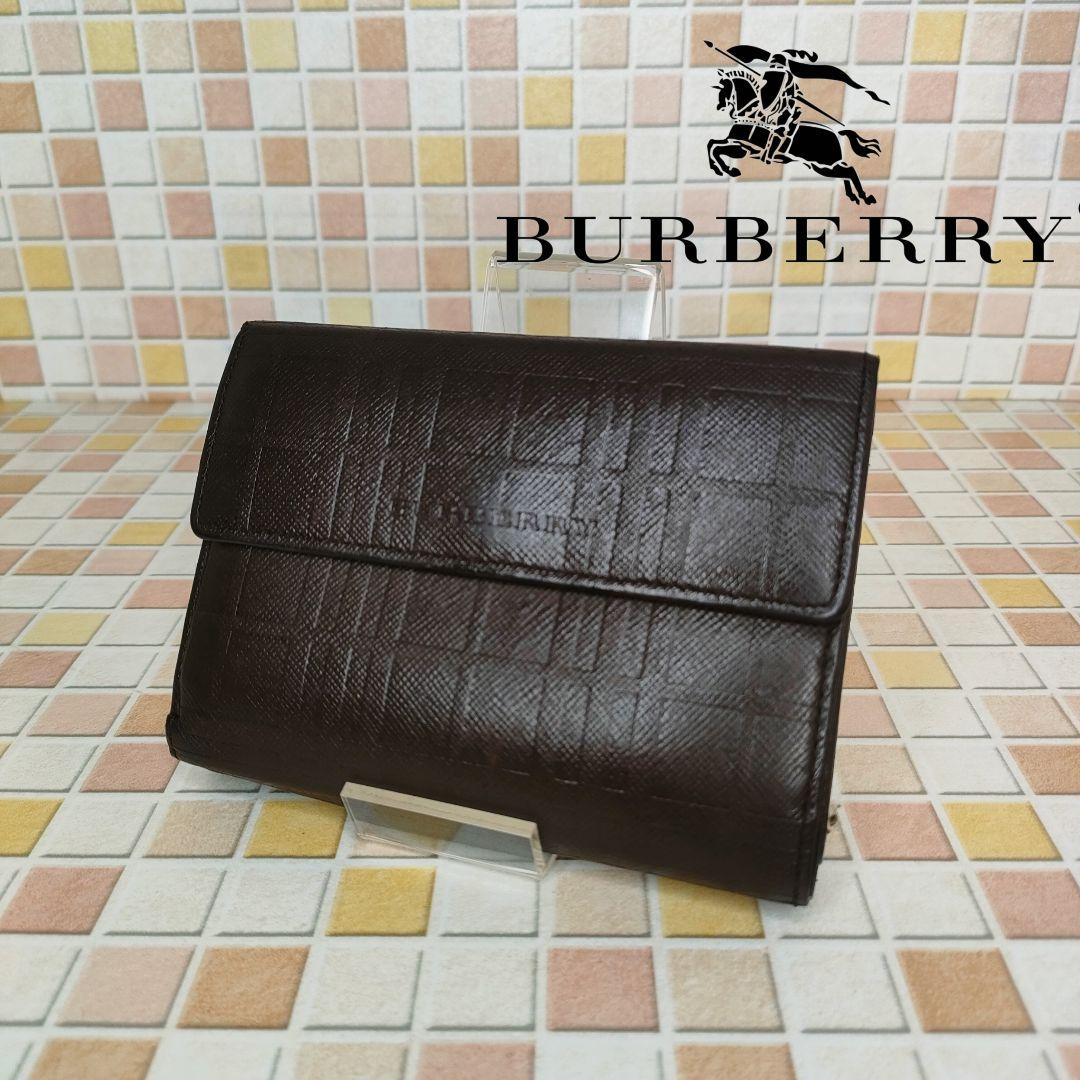 S15 BURBERRY 　バーバリー　レザー　チェック　がま口　二つ折り財布