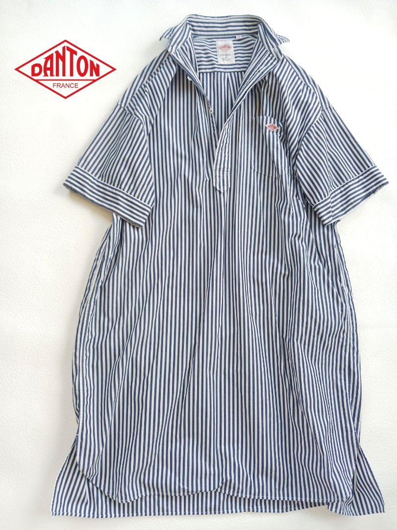 DANTON　ダントン　プルオーバーシャツワンピース　ストライプ　36　ブルー