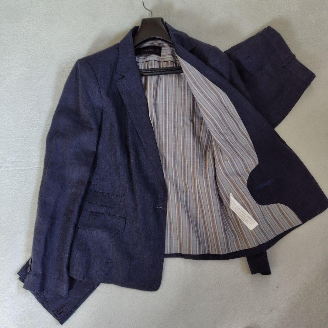 極美品 ザラ セットアップ リネン100% ストライプ 本切羽 ワンボタン L