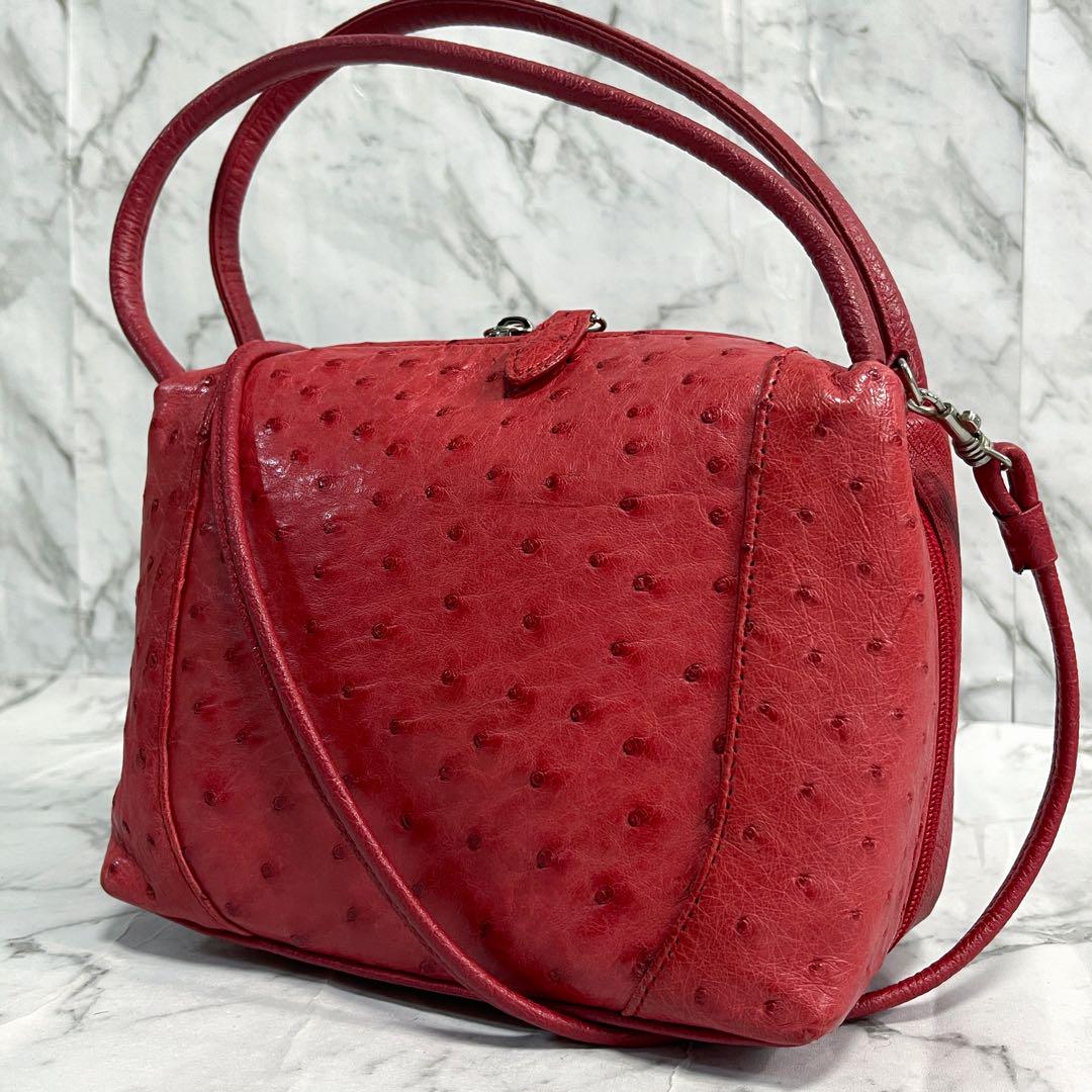 美品　希少カラー　オーストリッチレザー　ハンドバッグ　2way　斜め掛け　レッド