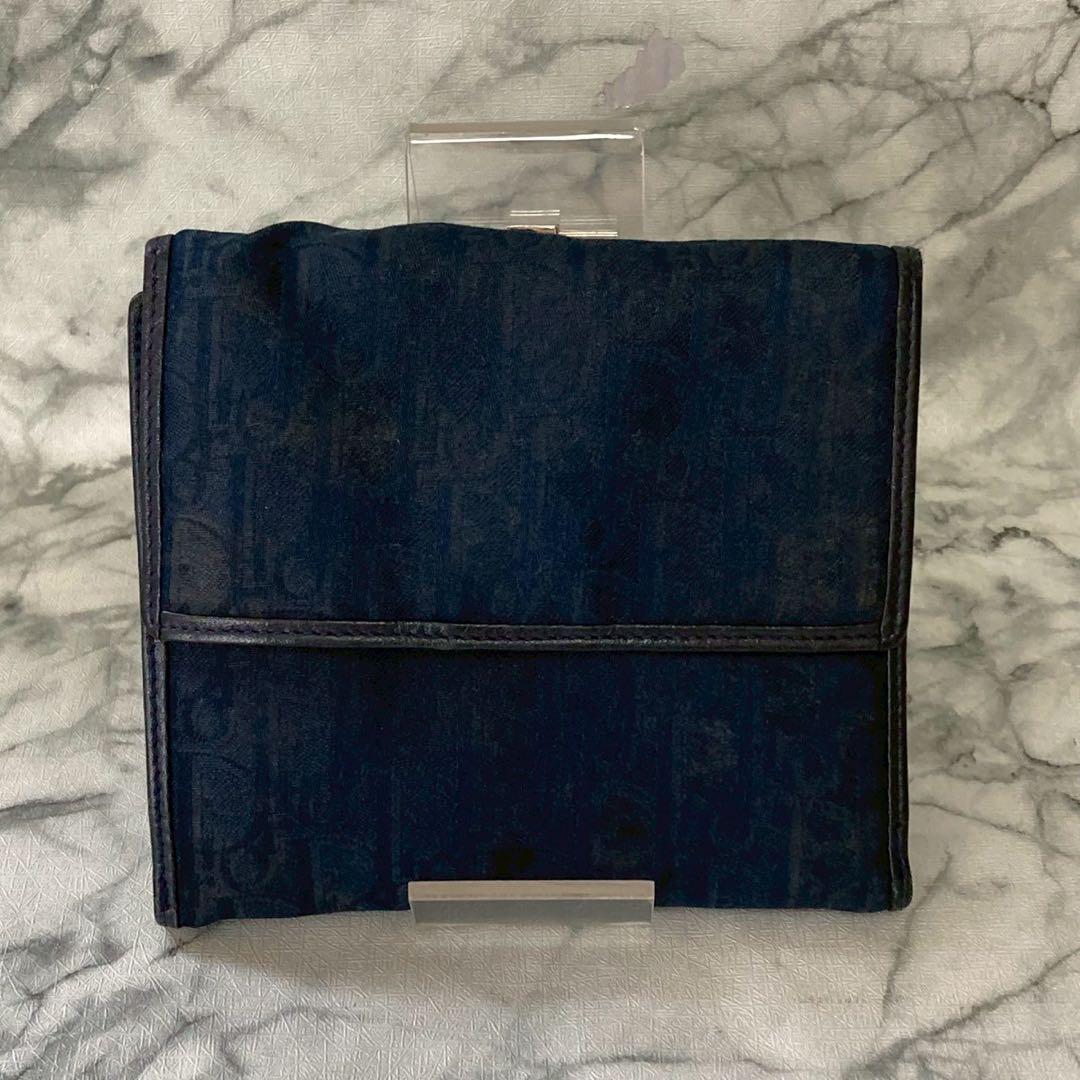 ChristianDior 三つ折り財布 ネイビー 総柄 ロゴ コンパクト