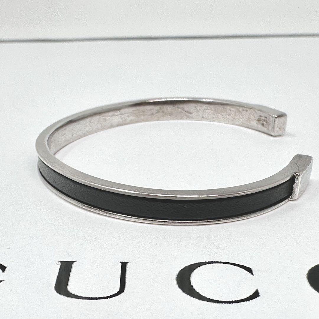 GUCCI グッチ　レザー付　シルバーバングル　ブラック　Ag925 17号表記