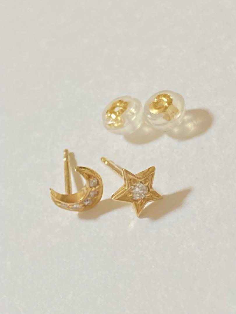 新品同様 K18三日月と星モチーフ0.1ctダイヤピアスYG 日本製 新品同様 K18三日月と星モチーフ0.1ctダイヤピアスYG 日本製