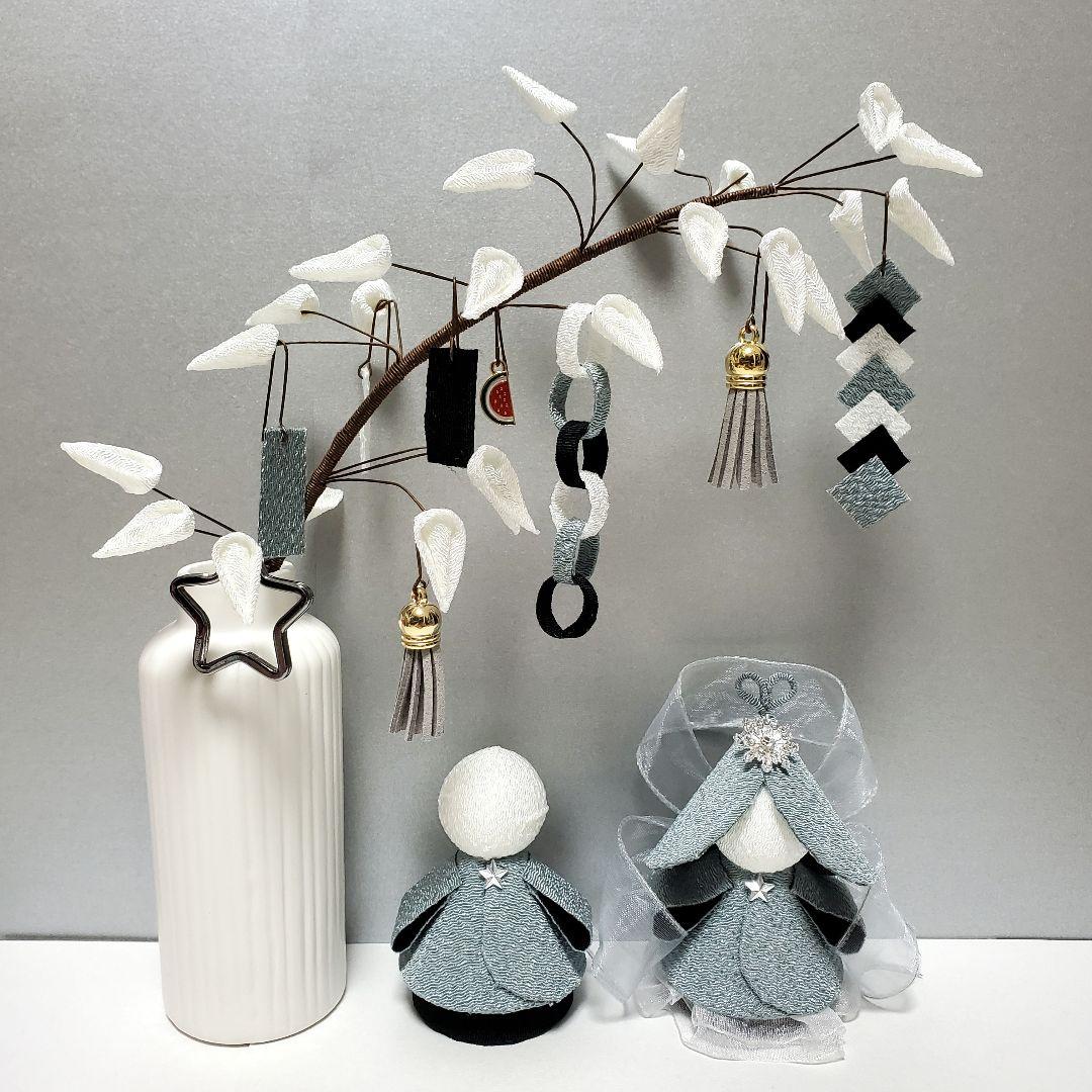 3、七夕 笹飾り 織姫 彦星 モノトーン モダン お洒落 ちりめん つまみ細工