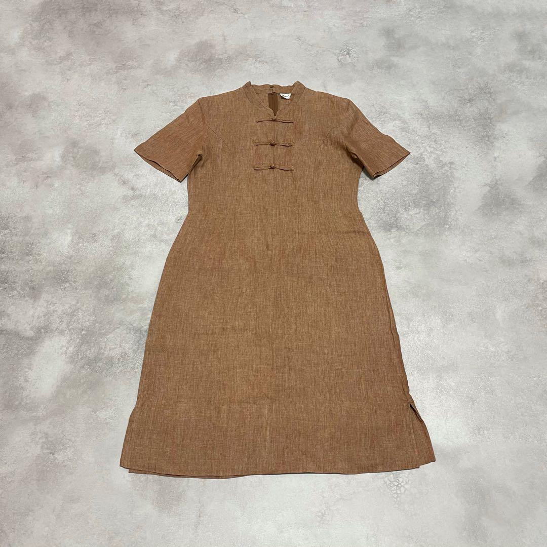 Vintage チャイナ風ワンピース 半袖 麻100 かわいい 昭和レトロ 古着