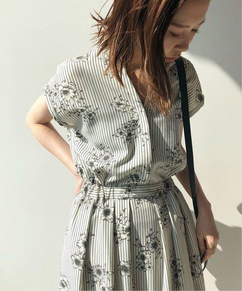 IENA ストライプフラワースキッパーシャツワンピース ナチュラル