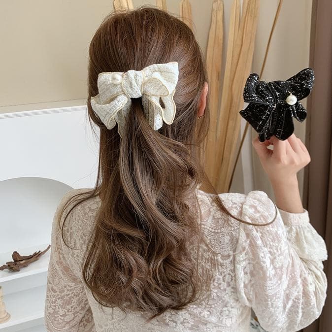 バナナクリップ ヘアクリップ シュシュ ポニーテール リボン ホワイト