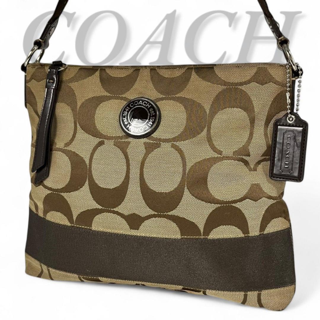 美品 COACH コーチ ショルダーバッグ シグネチャー キャンバス ブラウン