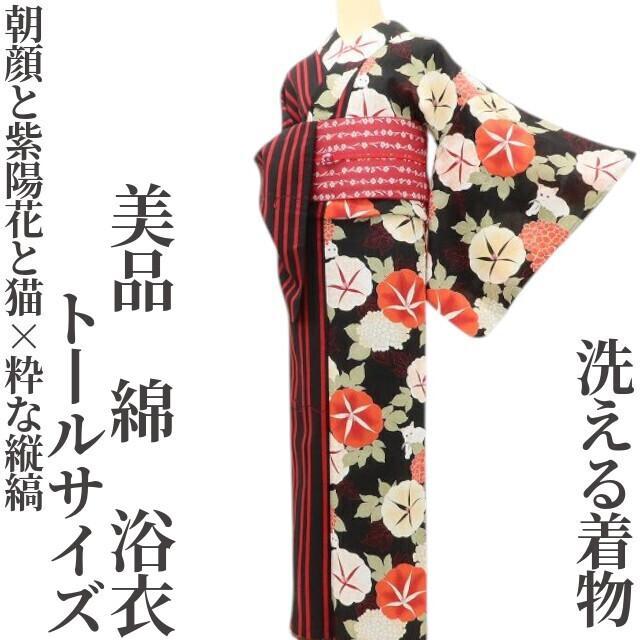 美品 綿 洗える着物 トールサイズ“朝顔と紫陽花と猫×粋な縦縞”浴衣 I-76