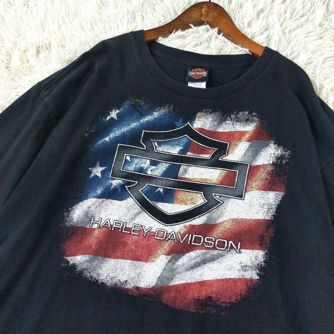 ハーレーダビッドソン USA製 両面プリントバイクアメリカ国旗 Tシャツ 2XL