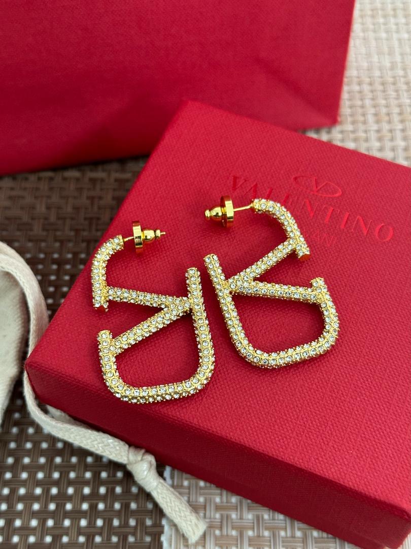 大変希少! VALENTINO クリスタル装飾フープピアス ゴールド
