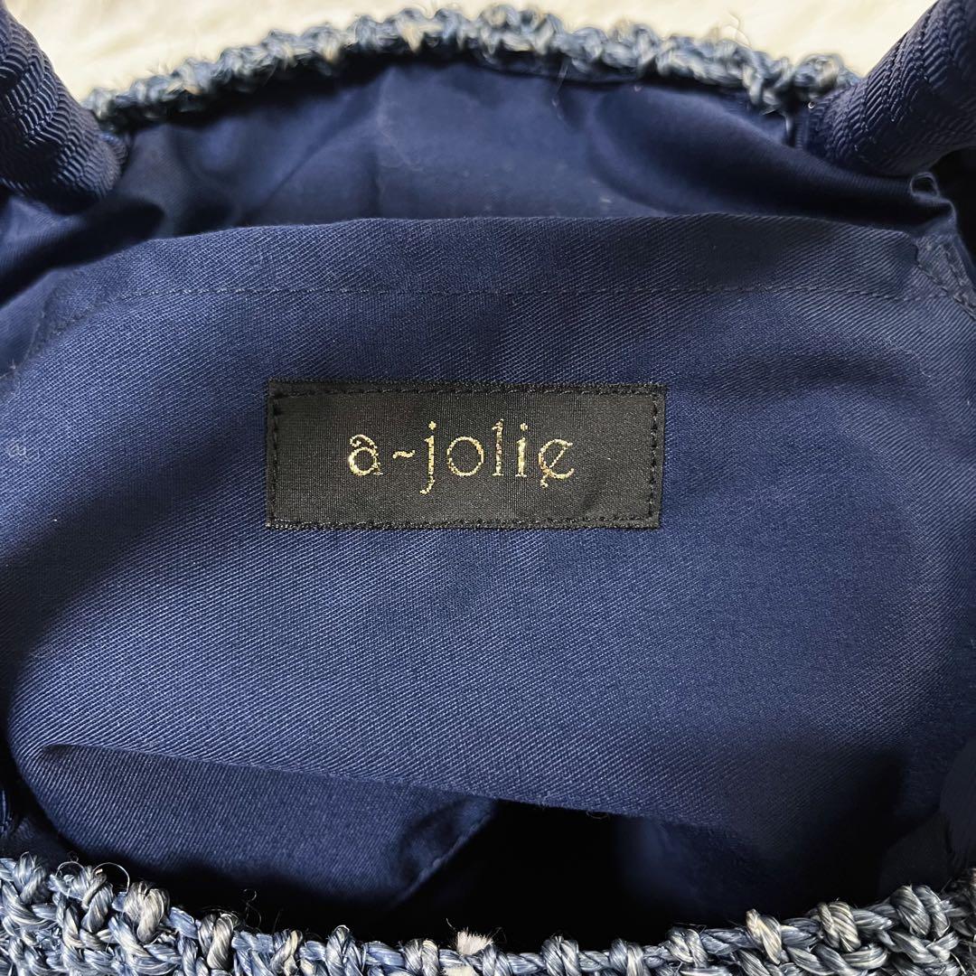 美品 アジョリー a-jolie かごバッグ ニコちゃん スマイル ネイビー