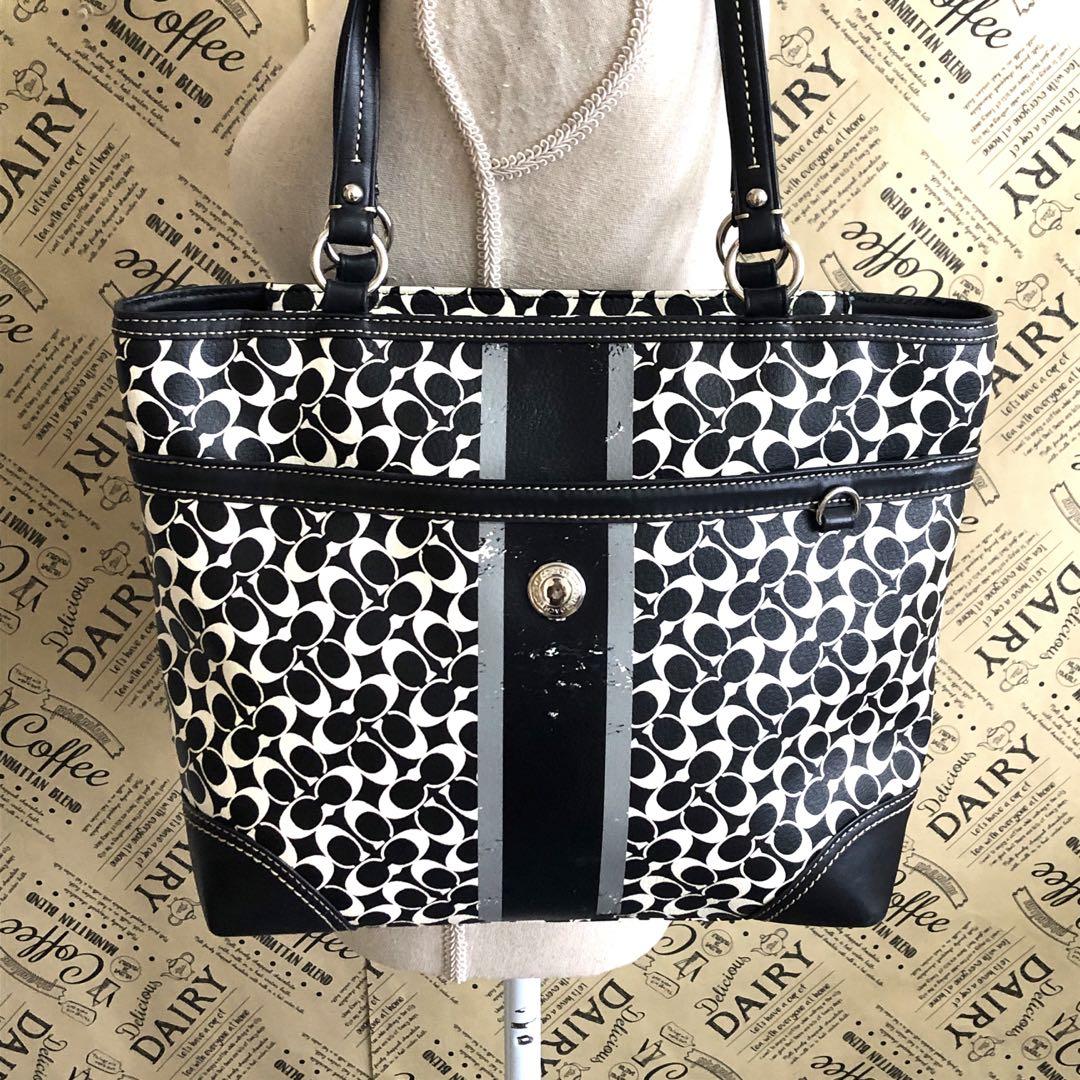 COACH　コーチ　ミニシグネチャー　トートバッグ　大きめサイズ　A4可能 コーチ トート ショルダーバッグ ミニシグネチャー 黒 A4 FT352