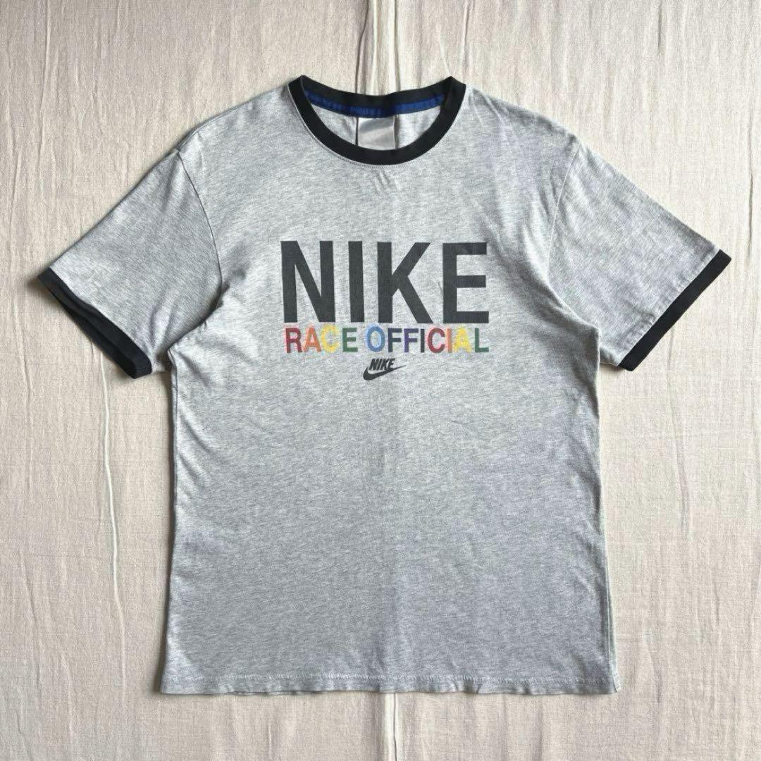 00s NIKE 3段デカロゴ レインボープリント リンガーTシャツ 灰