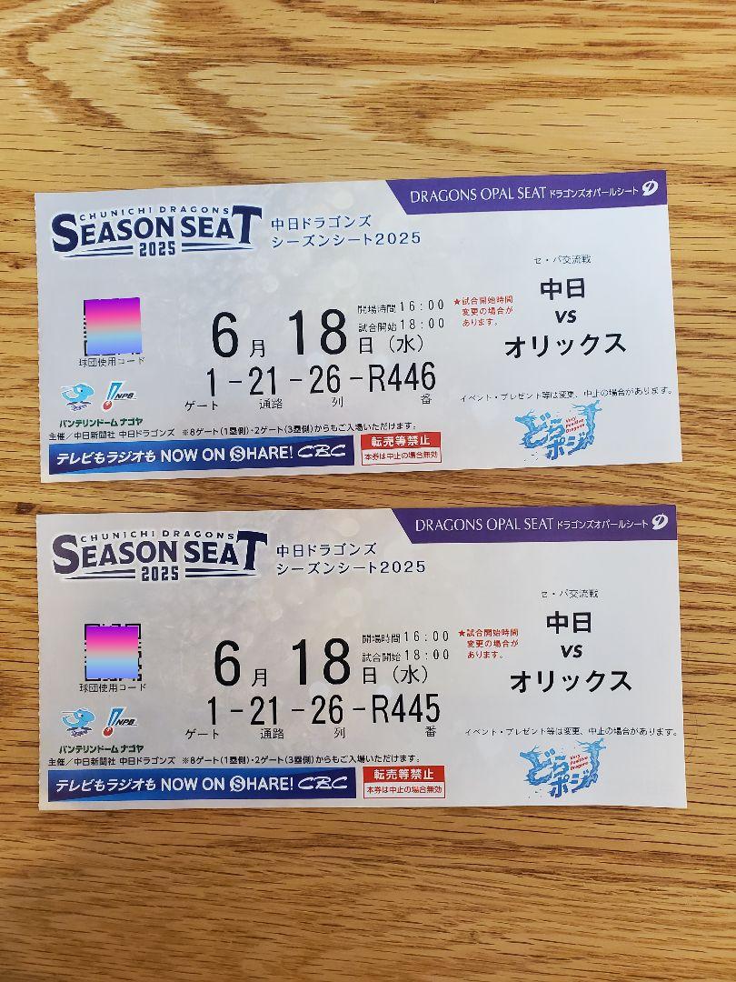 中日 vs オリックス 2025年シーズンシート 2枚セット