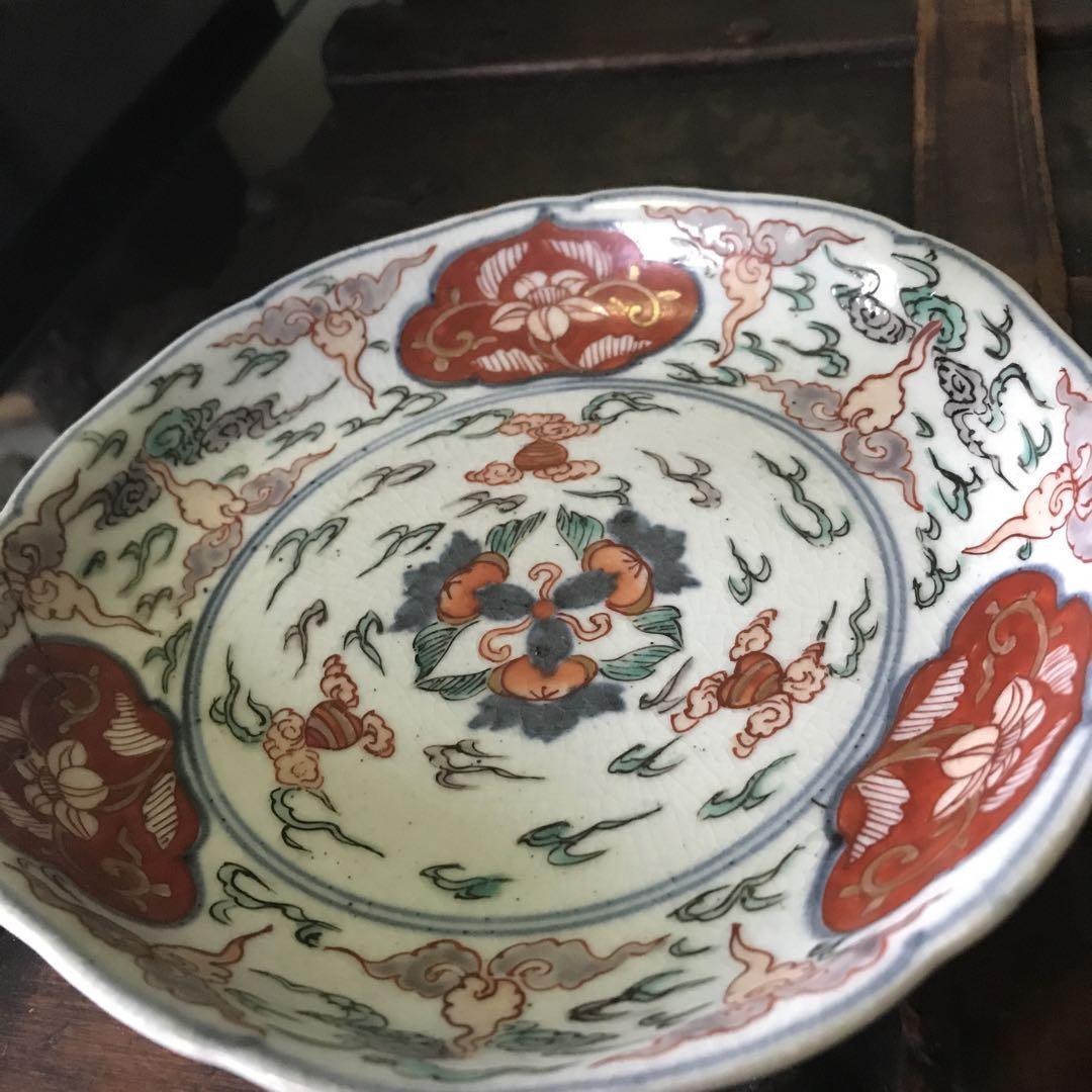 美品　陶器　古伊万里　色絵　花文様が素敵な　時代物　古道具　盛り鉢　盛り皿
