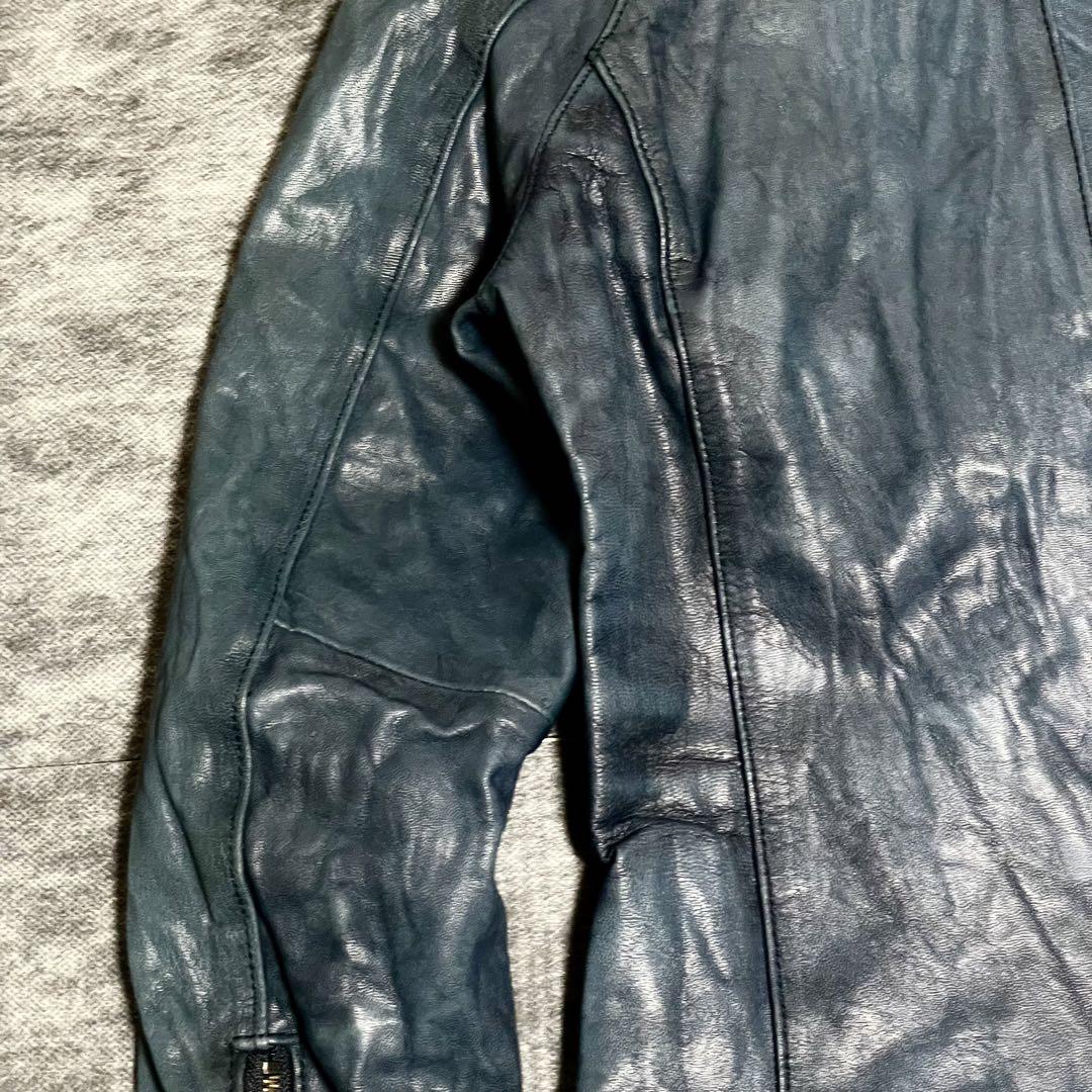 本革 Tete Homme シングルレザージャケット 山羊革 ブルー メンズS
