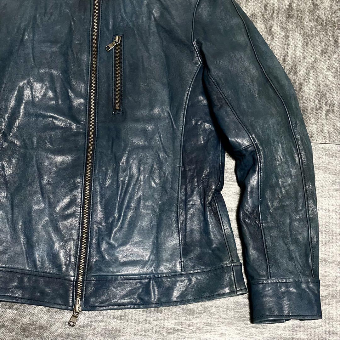 本革 Tete Homme シングルレザージャケット 山羊革 ブルー メンズS