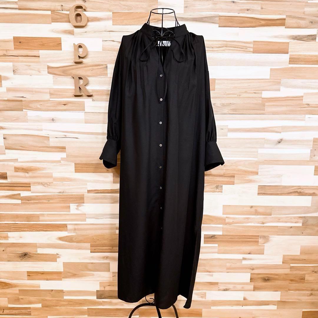 【アダムエロペ】タイネック オーバーサイズ ロング シャツ ワンピース黒ブラック