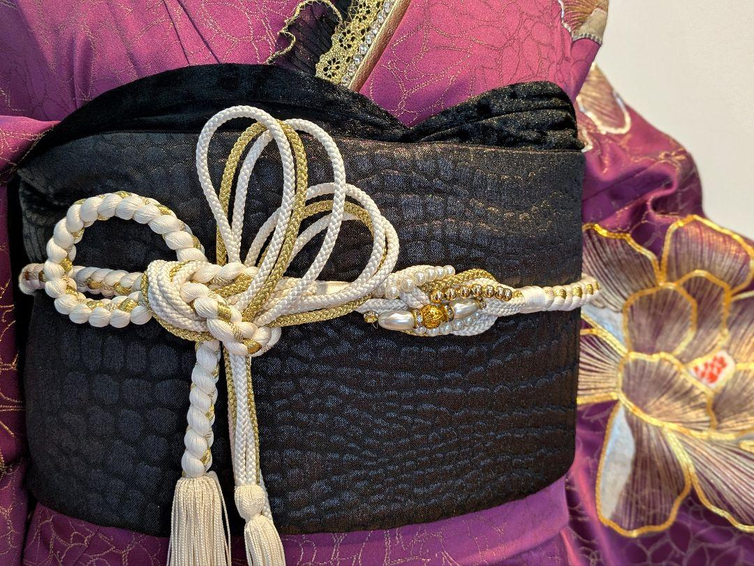 振袖フルセット 身丈162裄64.5 地紋 紫 黒 総手刺繍 逸品 成人式