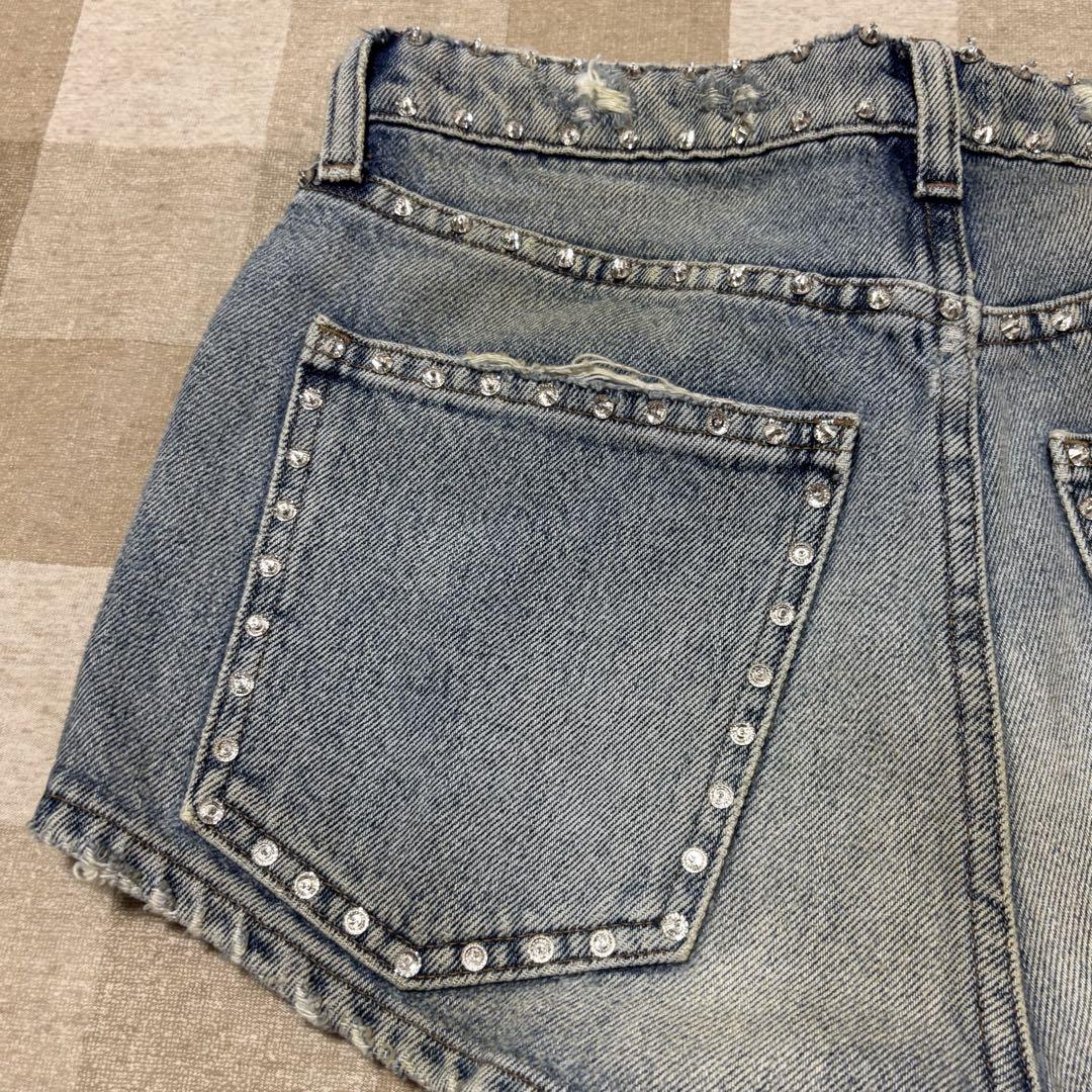 miumiu スパンコール デニム ショートパンツ ダメージ加工 サイズ25