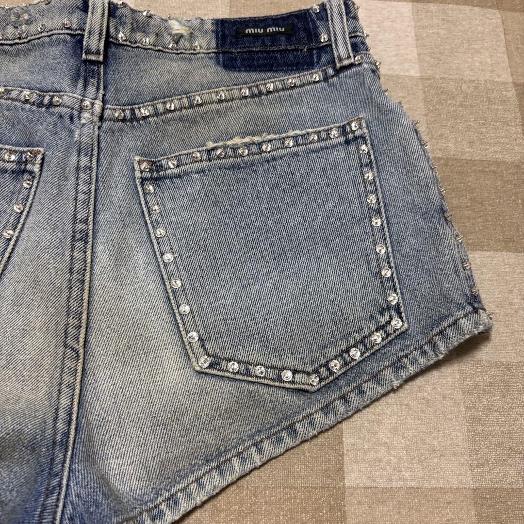miumiu スパンコール デニム ショートパンツ ダメージ加工 サイズ25