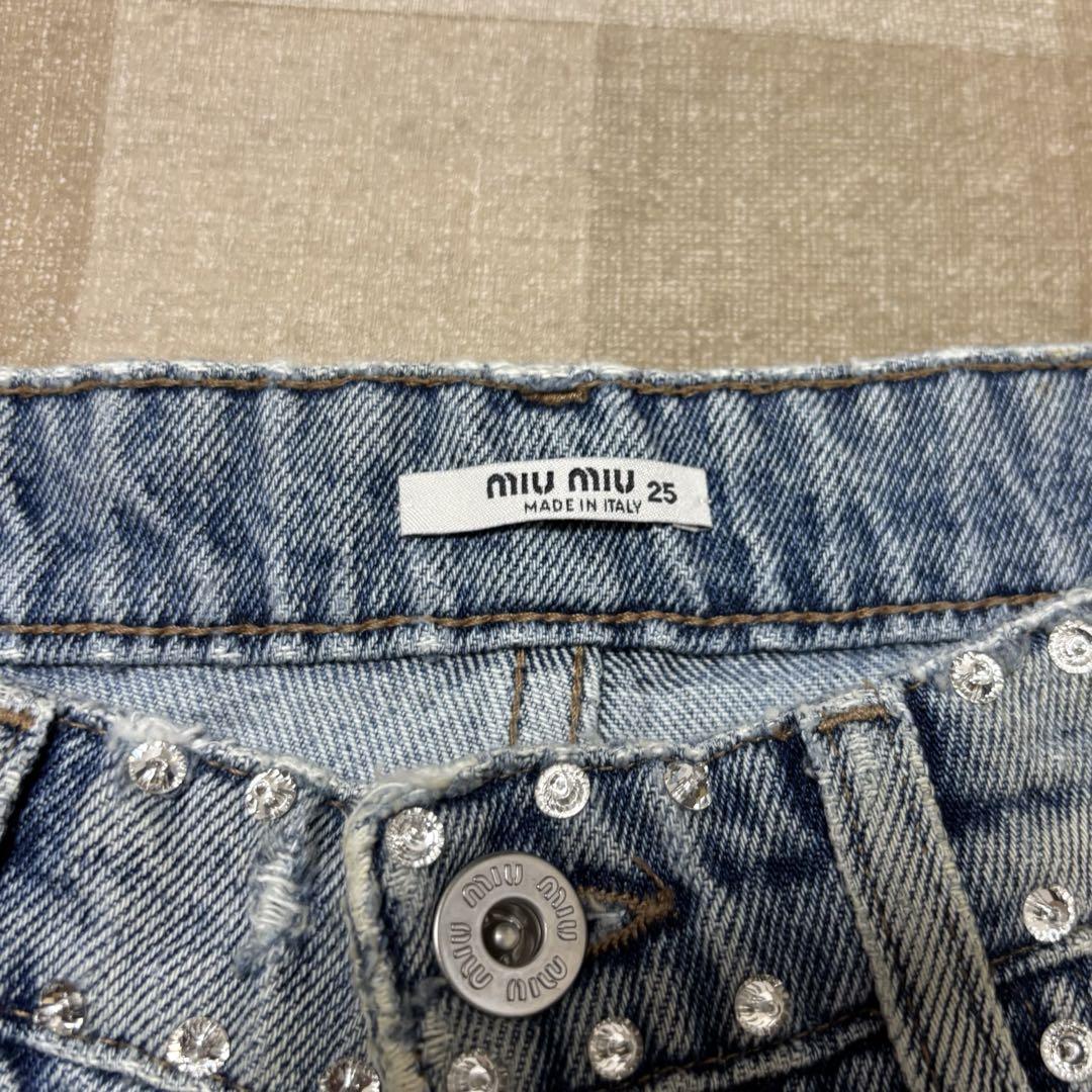 miumiu スパンコール デニム ショートパンツ ダメージ加工 サイズ25