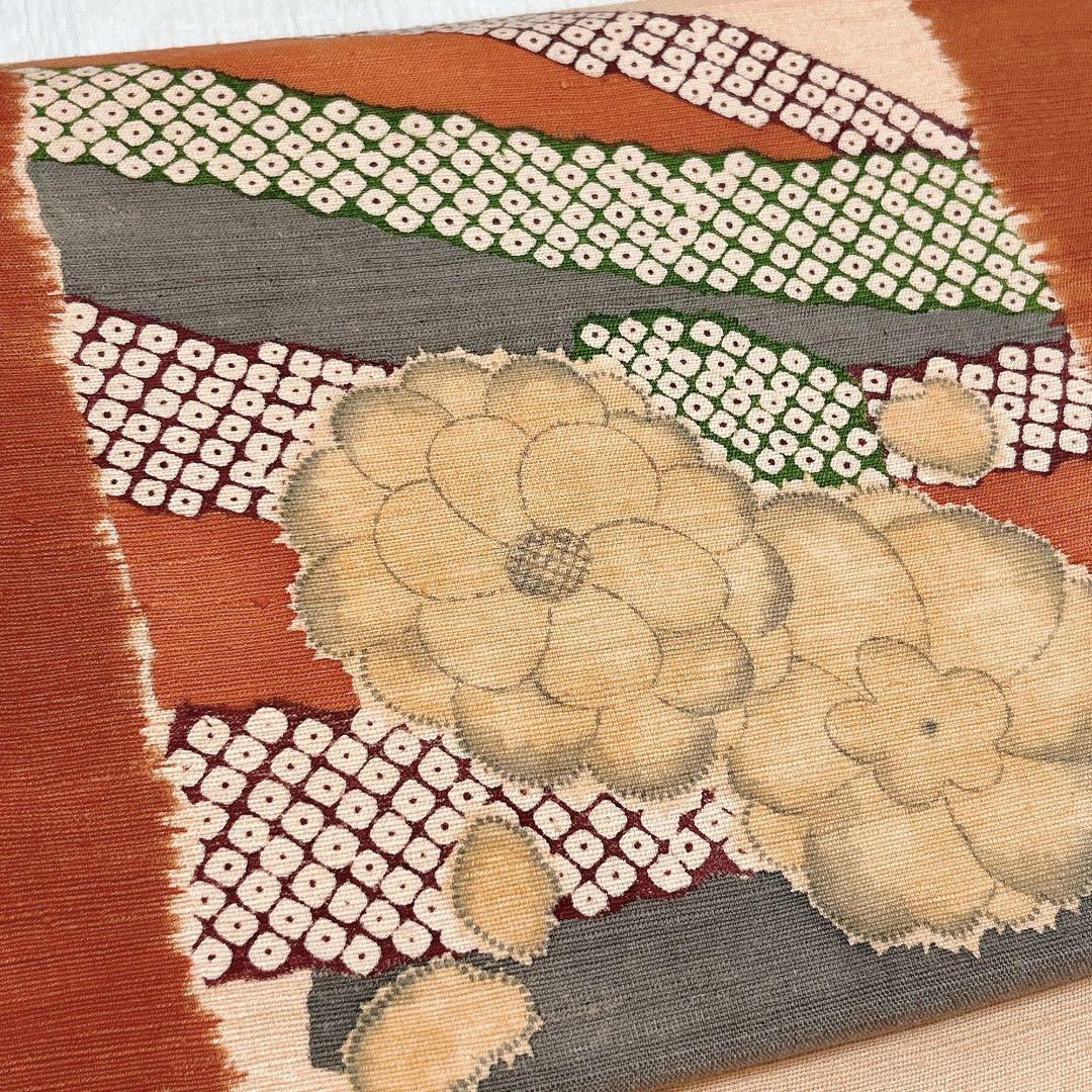 多ち花 摺型友禅 名古屋帯 生紬 辻ヶ花 鹿の子柄 花の図 全通