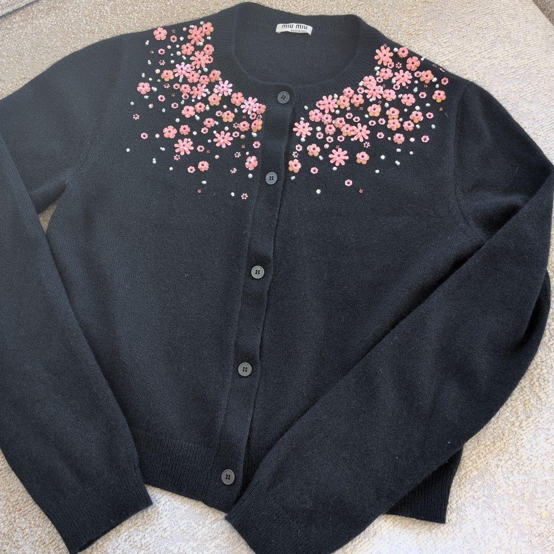ミュウミュウ カシミヤ フラワービーズ ニット カーディガンS・MIU MIU