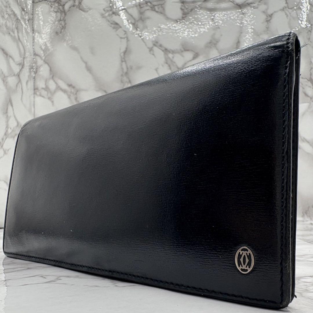 Cartier 二つ折り財布 黒 レザー 美品】カルティエ Cartier 二つ折り 長財布 レザー ブラック