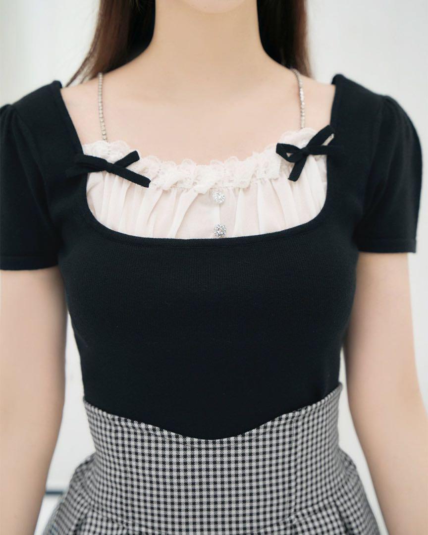 新品未使用タグ付き♡ミシェルマカロン レースリボントップス 黒